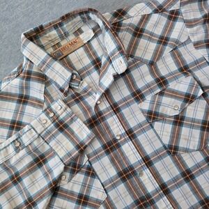 Big Mac Vintage Mens XL Western Pearl Snap Plaid Shirt Brown Blue Made in USA